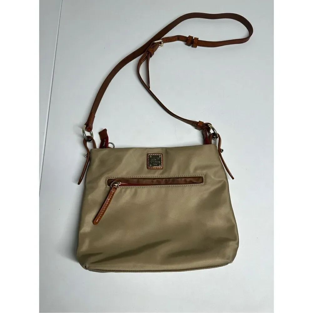 Dooney & Bourke Nylon Leather Trim Crossbody Bag Beige Tan